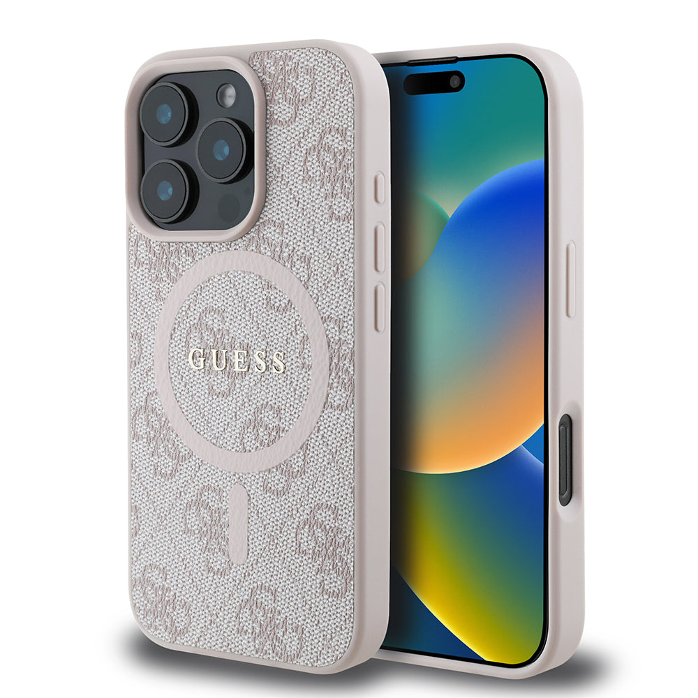 Guess iPhone 16 Pro Max Orjinal Lisanslı Magsafe Şarj Özellikli PU Halkalı 4G Desenli Yazı Logolu Kılıf
