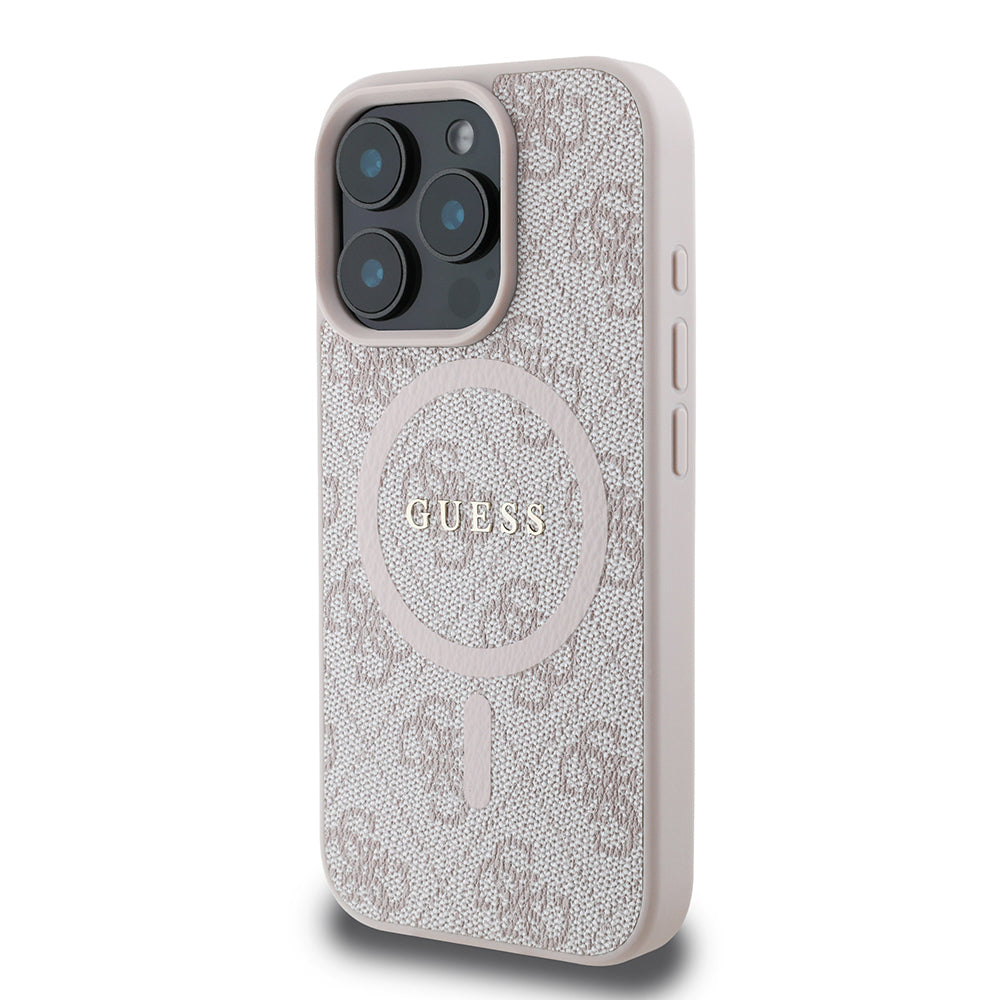 Guess iPhone 16 Pro Max Orjinal Lisanslı Magsafe Şarj Özellikli PU Halkalı 4G Desenli Yazı Logolu Kılıf