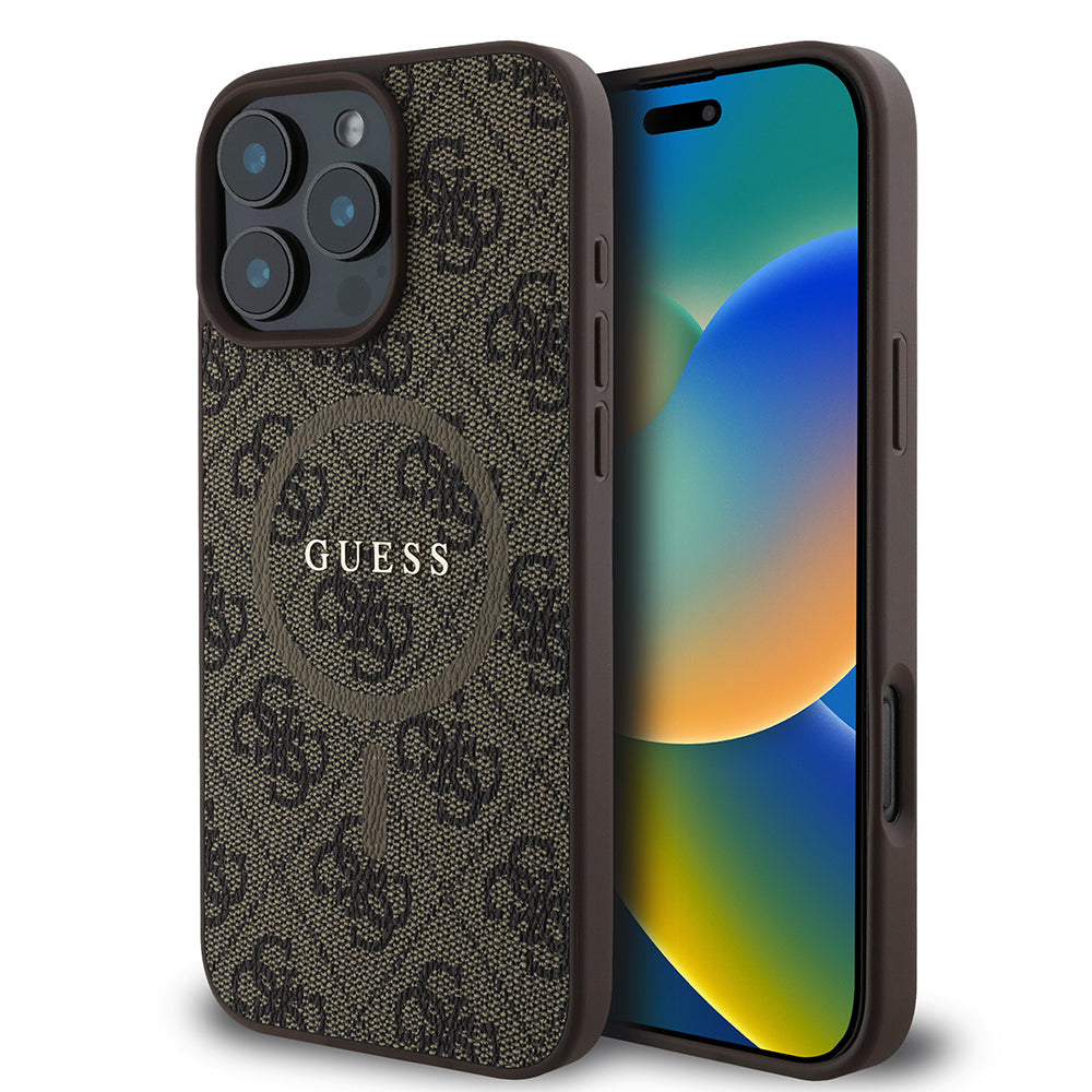 Guess iPhone 16 Pro Max Orjinal Lisanslı Magsafe Şarj Özellikli PU Halkalı 4G Desenli Yazı Logolu Kılıf