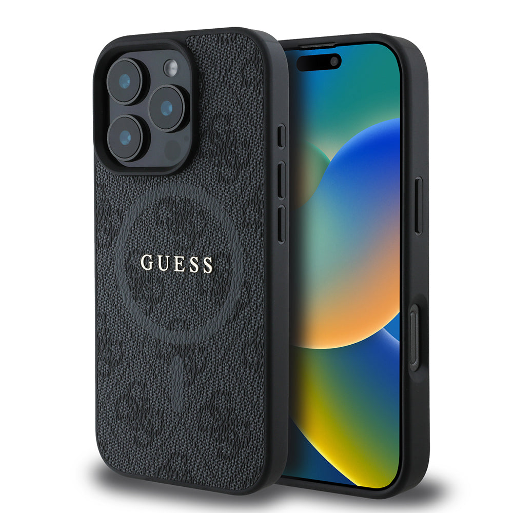 Guess iPhone 16 Pro Max Orjinal Lisanslı Magsafe Şarj Özellikli PU Halkalı 4G Desenli Yazı Logolu Kılıf