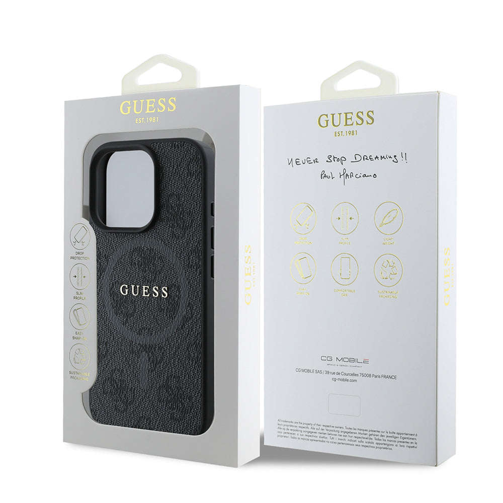 Guess iPhone 16 Pro Max Orjinal Lisanslı Magsafe Şarj Özellikli PU Halkalı 4G Desenli Yazı Logolu Kılıf