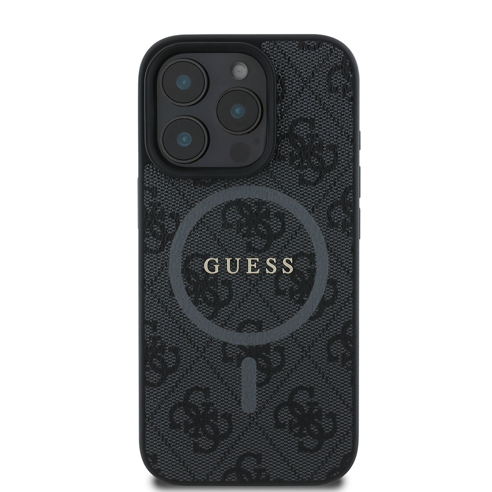 Guess iPhone 16 Pro Max Orjinal Lisanslı Magsafe Şarj Özellikli PU Halkalı 4G Desenli Yazı Logolu Kılıf