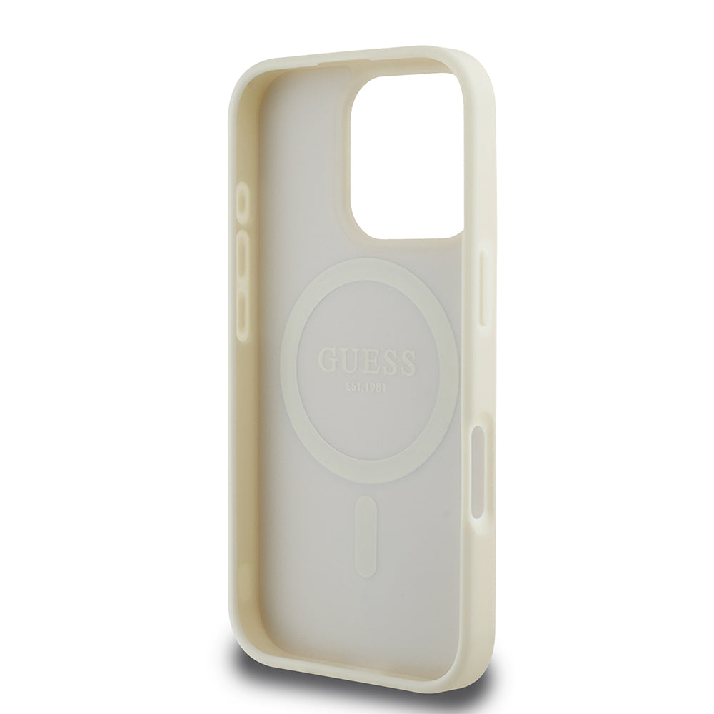 Guess iPhone 16 Pro Max Orjinal Lisanslı M-safe Şarj Özellikli Sıcak Baskılı Üçgen Logolu PU Deri Peony Kılıf