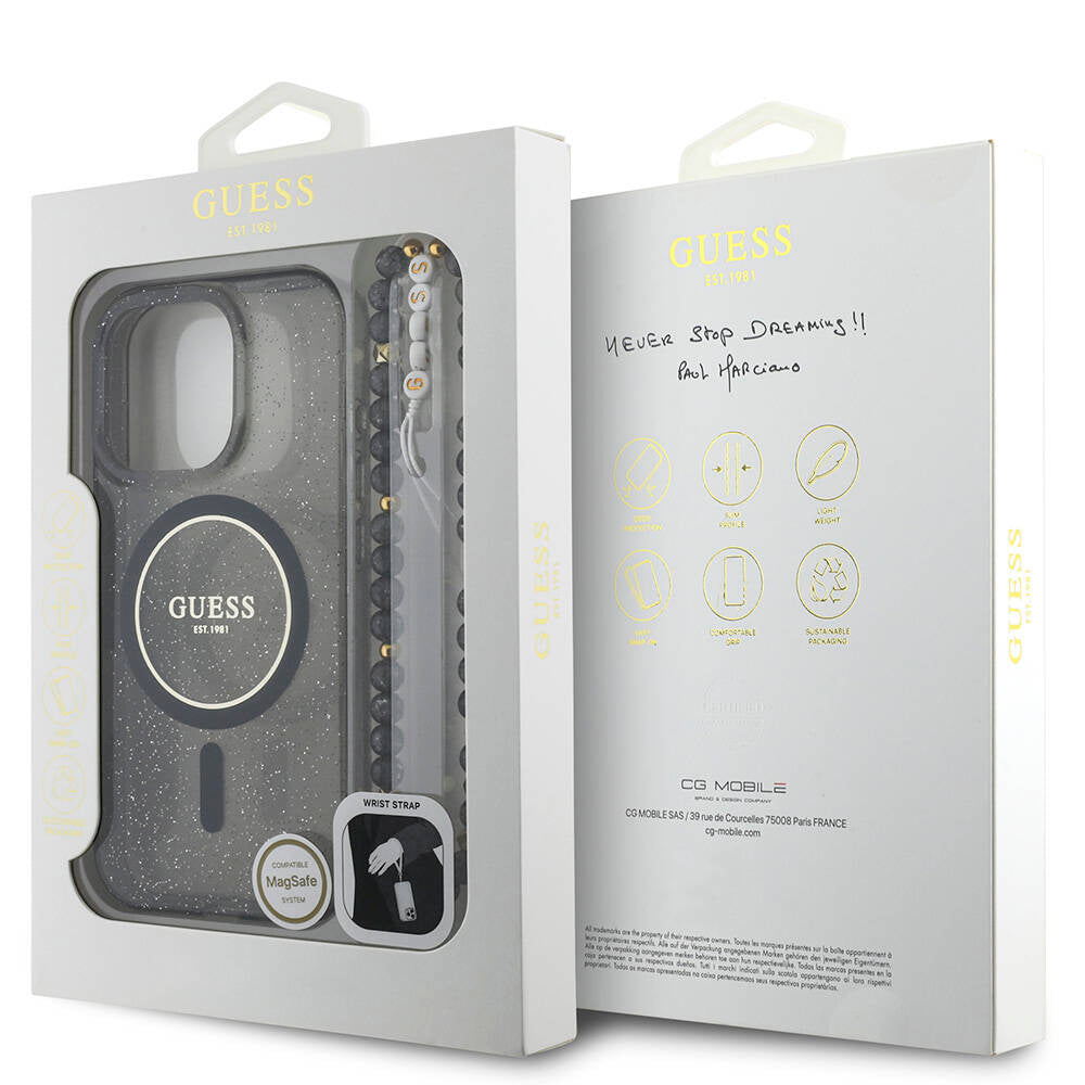 Guess iPhone 16 Pro Max Orjinal Lisanslı Magsafe Şarj Özellikli Simli Silikon İnci Bileklikli Telefon Kılıfı - 9