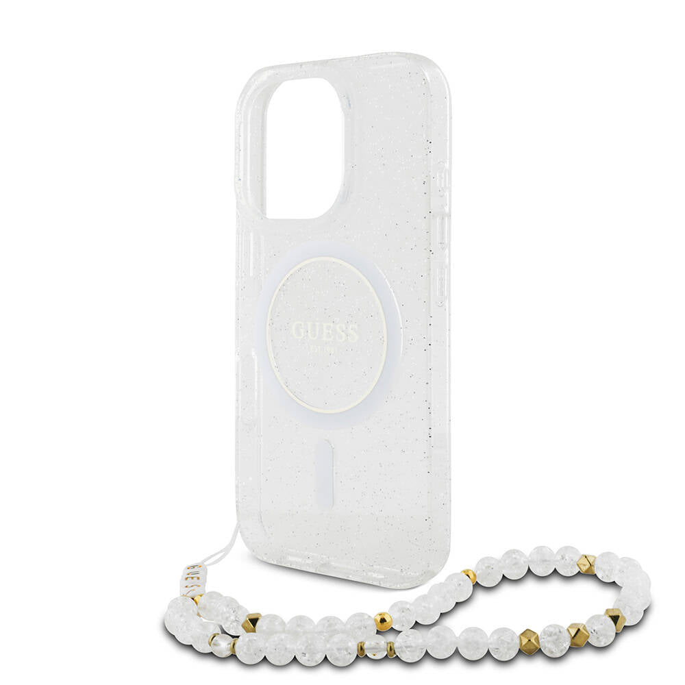 Guess iPhone 16 Pro Max Orjinal Lisanslı Magsafe Şarj Özellikli Simli Silikon İnci Bileklikli Telefon Kılıfı - 22