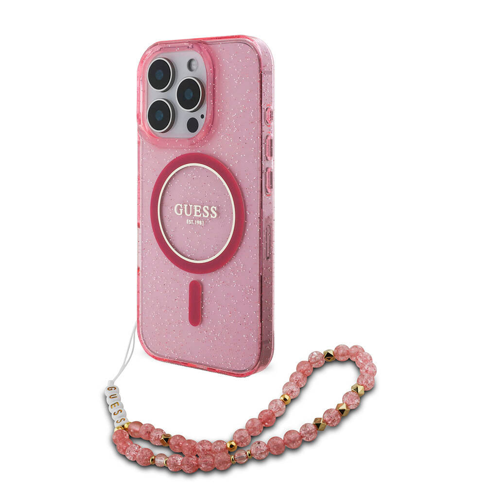 Guess iPhone 16 Pro Max Orjinal Lisanslı Magsafe Şarj Özellikli Simli Silikon İnci Bileklikli Telefon Kılıfı - 11