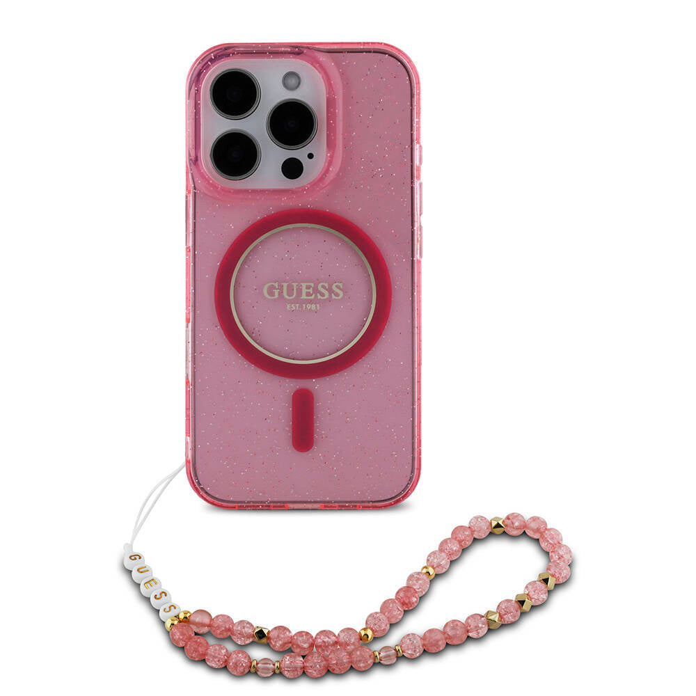 Guess iPhone 16 Pro Max Orjinal Lisanslı Magsafe Şarj Özellikli Simli Silikon İnci Bileklikli Telefon Kılıfı - 10