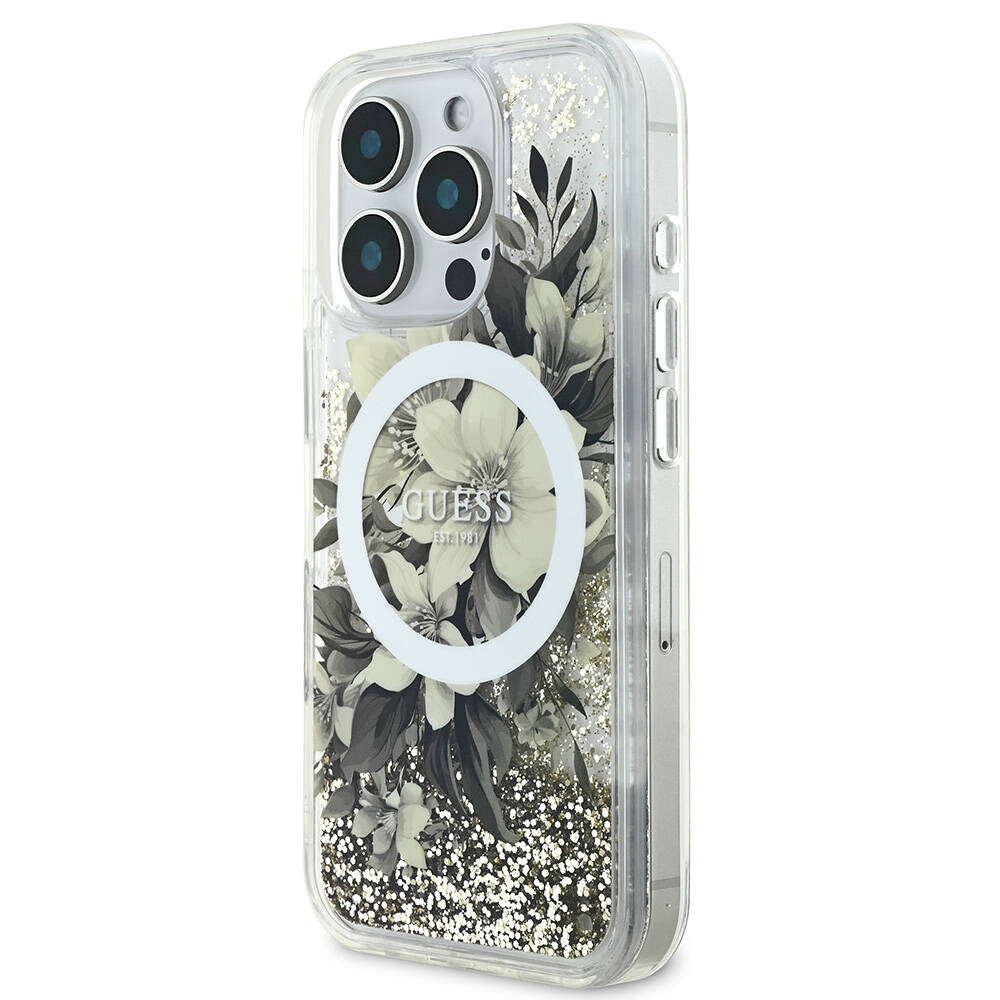 Guess iPhone 16 Pro Max Orjinal Lisanslı Magsafe Şarj Özellikli Sıvılı Simli Çiçek Desenli Telefon Kılıfı - 9