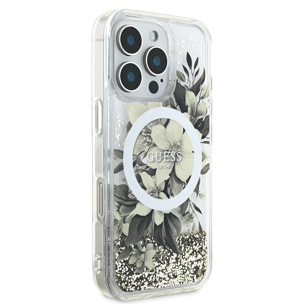 Guess iPhone 16 Pro Max Orjinal Lisanslı Magsafe Şarj Özellikli Sıvılı Simli Çiçek Desenli Telefon Kılıfı - 10