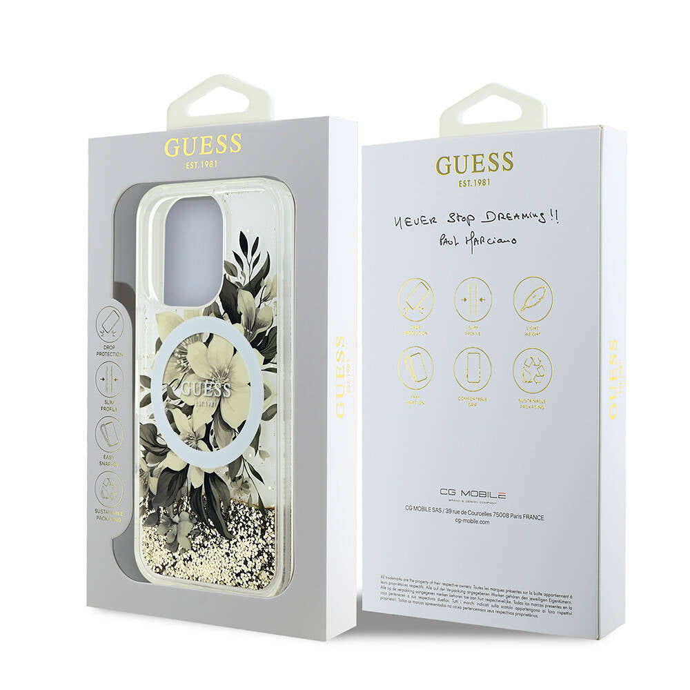 Guess iPhone 16 Pro Max Orjinal Lisanslı Magsafe Şarj Özellikli Sıvılı Simli Çiçek Desenli Telefon Kılıfı - 14