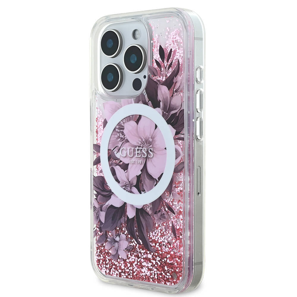Guess iPhone 16 Pro Max Orjinal Lisanslı Magsafe Şarj Özellikli Sıvılı Simli Çiçek Desenli Telefon Kılıfı - 2