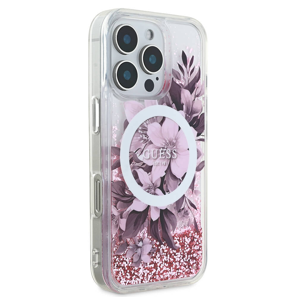 Guess iPhone 16 Pro Max Orjinal Lisanslı Magsafe Şarj Özellikli Sıvılı Simli Çiçek Desenli Telefon Kılıfı - 3