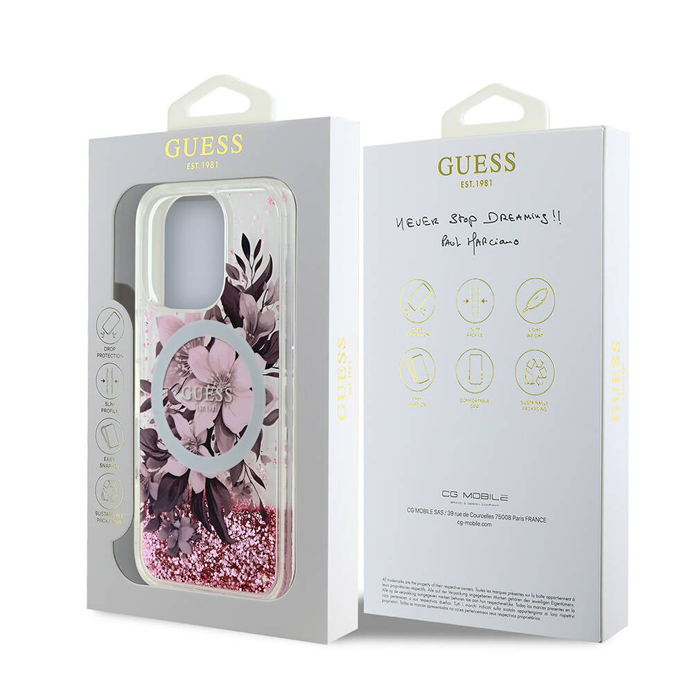 Guess iPhone 16 Pro Max Orjinal Lisanslı Magsafe Şarj Özellikli Sıvılı Simli Çiçek Desenli Telefon Kılıfı - 7