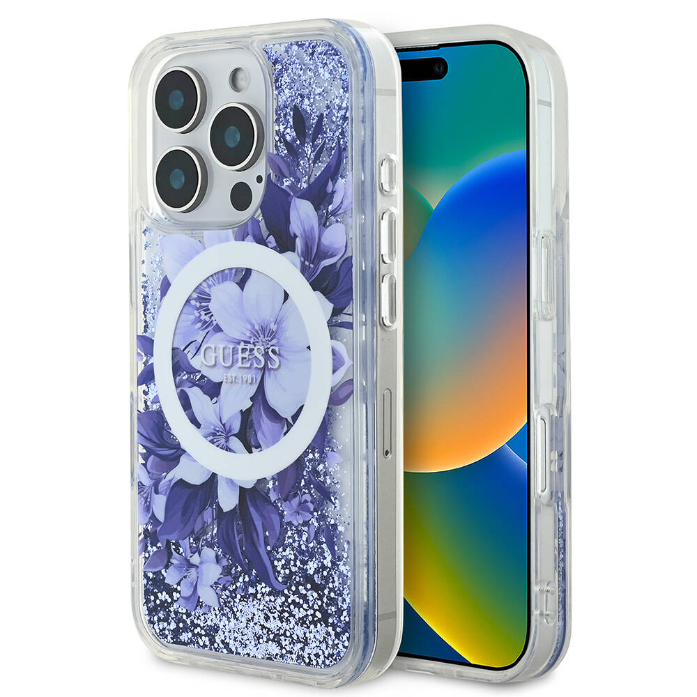 Guess iPhone 16 Pro Max Orjinal Lisanslı Magsafe Şarj Özellikli Sıvılı Simli Çiçek Desenli Telefon Kılıfı - 15