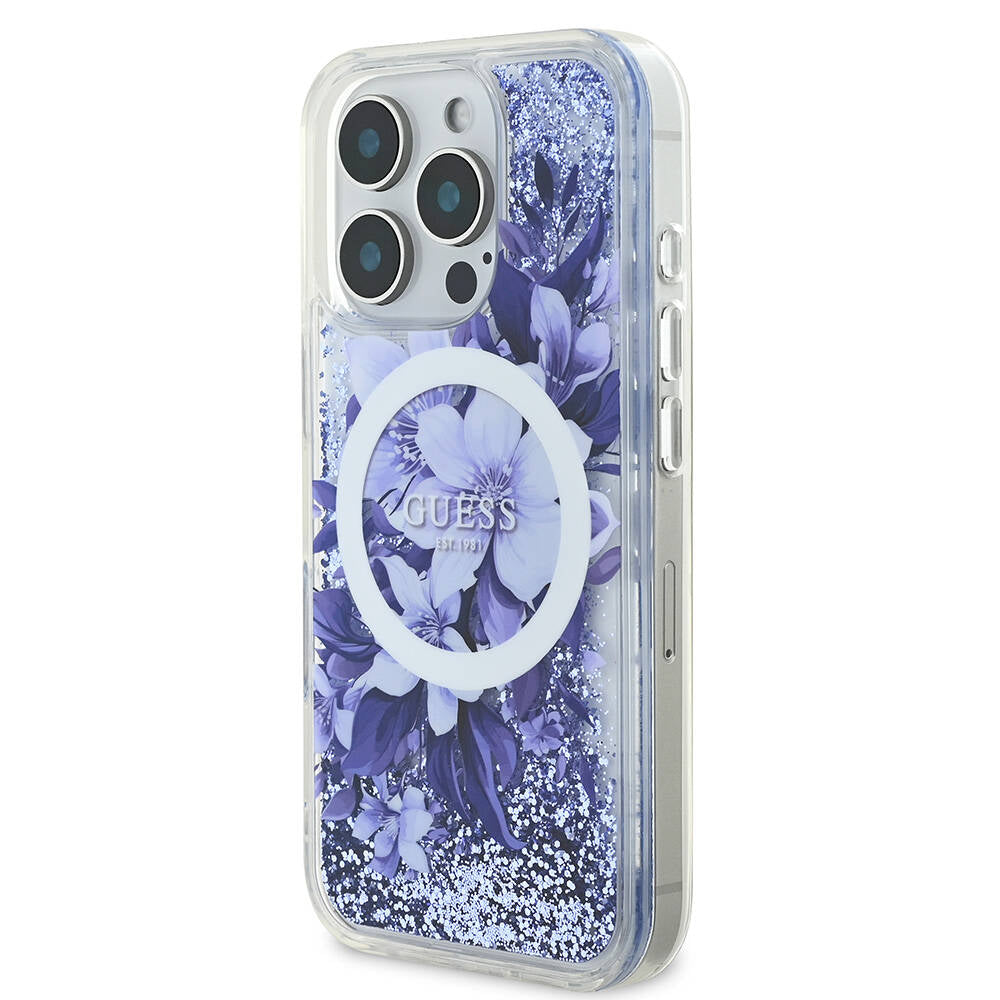 Guess iPhone 16 Pro Max Orjinal Lisanslı Magsafe Şarj Özellikli Sıvılı Simli Çiçek Desenli Telefon Kılıfı - 16