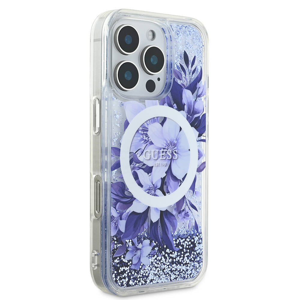Guess iPhone 16 Pro Max Orjinal Lisanslı Magsafe Şarj Özellikli Sıvılı Simli Çiçek Desenli Telefon Kılıfı - 17