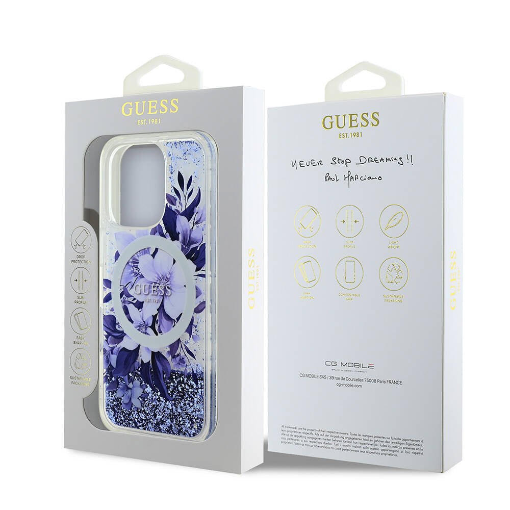 Guess iPhone 16 Pro Max Orjinal Lisanslı Magsafe Şarj Özellikli Sıvılı Simli Çiçek Desenli Telefon Kılıfı - 21