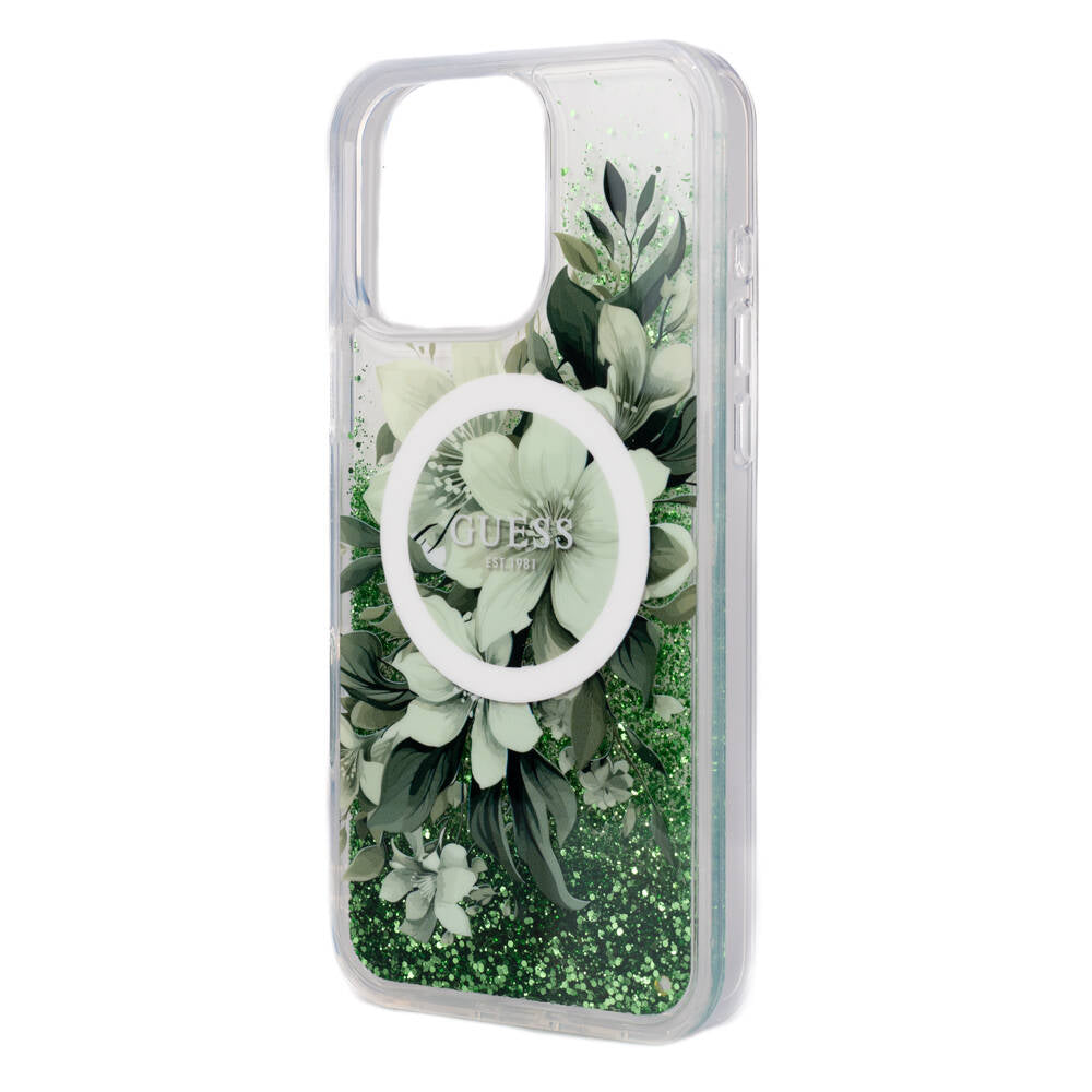 Guess iPhone 16 Pro Max Orjinal Lisanslı Magsafe Şarj Özellikli Sıvılı Simli Çiçek Desenli Telefon Kılıfı - 22