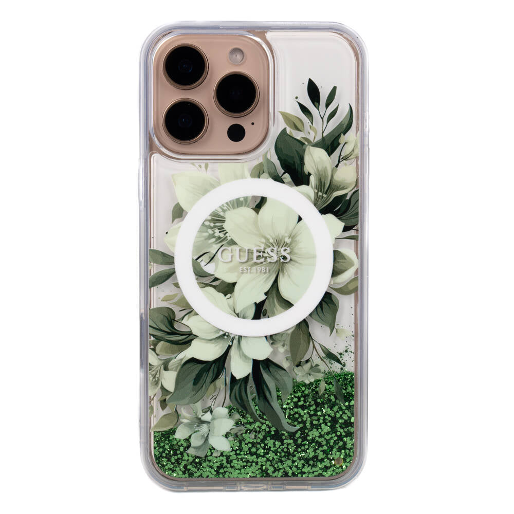 Guess iPhone 16 Pro Max Orjinal Lisanslı Magsafe Şarj Özellikli Sıvılı Simli Çiçek Desenli Telefon Kılıfı - 23