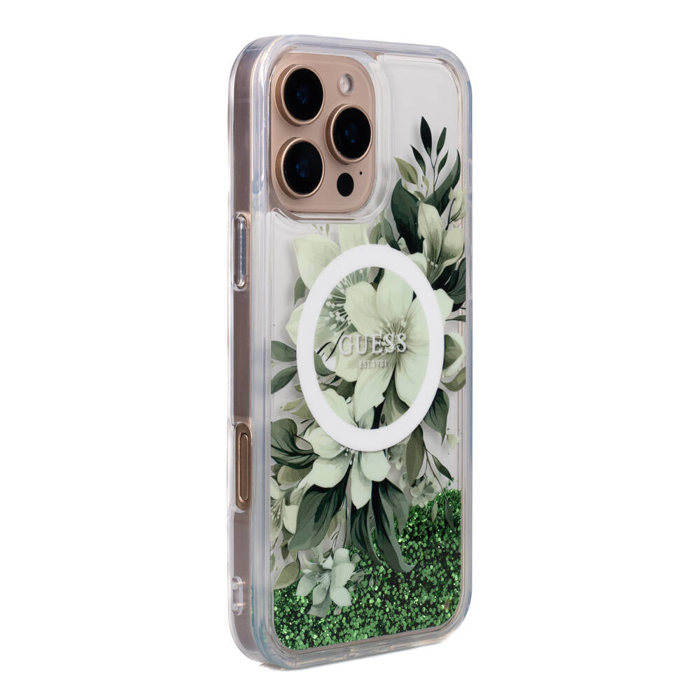 Guess iPhone 16 Pro Max Orjinal Lisanslı Magsafe Şarj Özellikli Sıvılı Simli Çiçek Desenli Telefon Kılıfı - 24