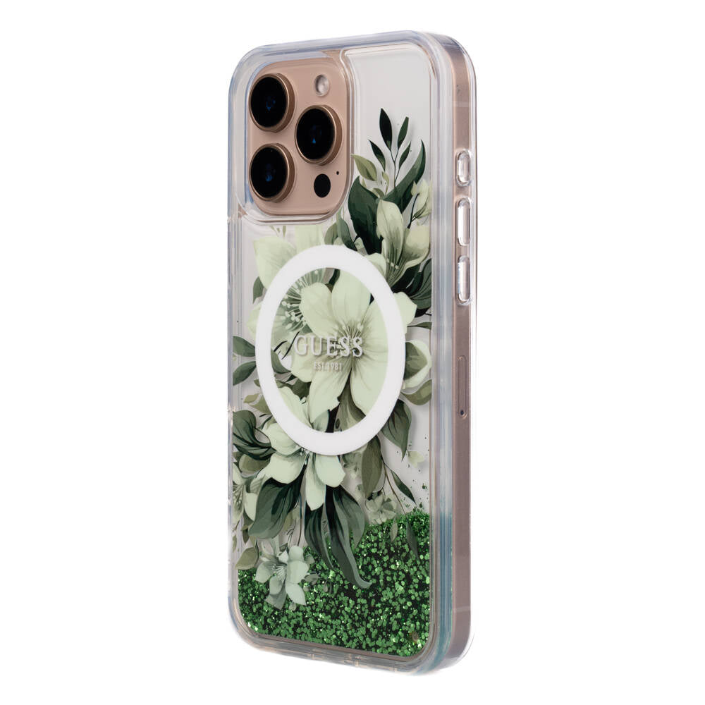 Guess iPhone 16 Pro Max Orjinal Lisanslı Magsafe Şarj Özellikli Sıvılı Simli Çiçek Desenli Telefon Kılıfı - 25