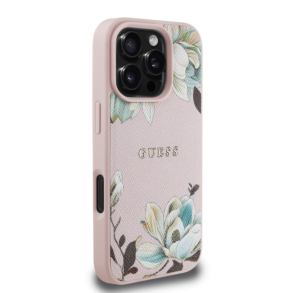 Guess iPhone 16 Pro Max Orjinal Lisanslı Magsafe Şarj Özellikli Taneli Çiçek Tasarımlı Metal Yazı Logolu Kılıf