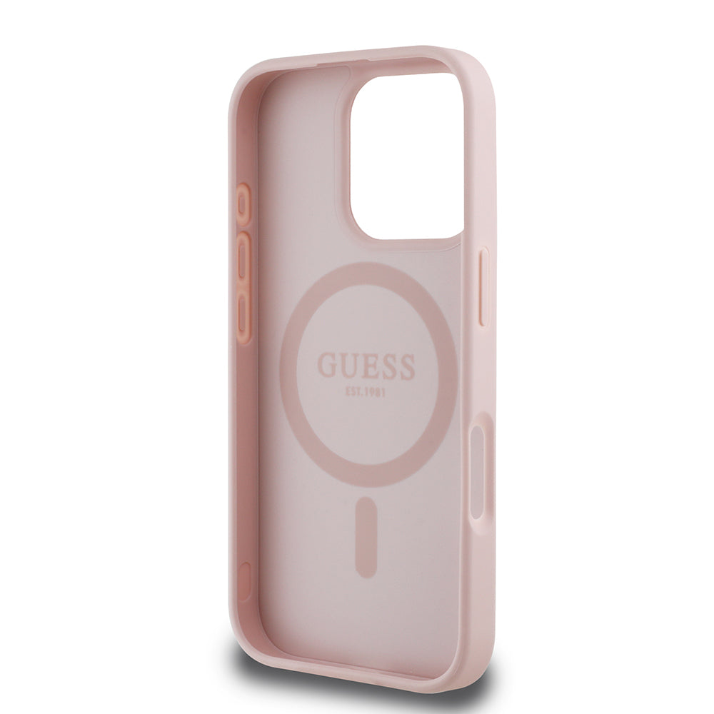 Guess iPhone 16 Pro Max Orjinal Lisanslı Magsafe Şarj Özellikli Taneli Çiçek Tasarımlı Metal Yazı Logolu Kılıf