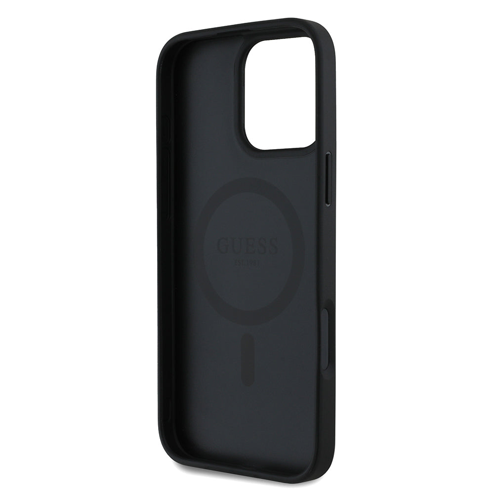 Guess iPhone 16 Pro Max Orjinal Lisanslı Magsafe Şarj Özellikli Taneli Çiçek Tasarımlı Metal Yazı Logolu Kılıf