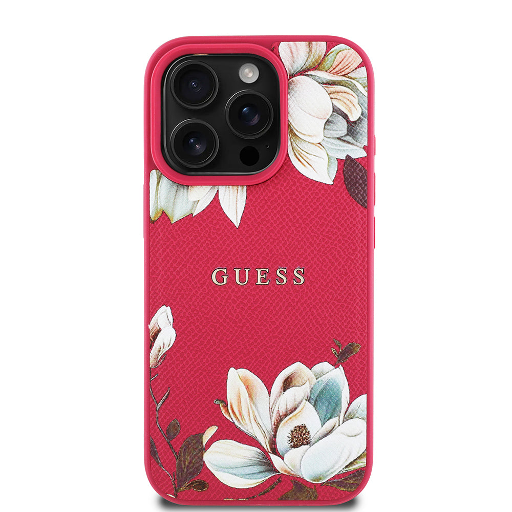 Guess iPhone 16 Pro Max Orjinal Lisanslı Magsafe Şarj Özellikli Taneli Çiçek Tasarımlı Metal Yazı Logolu Kılıf