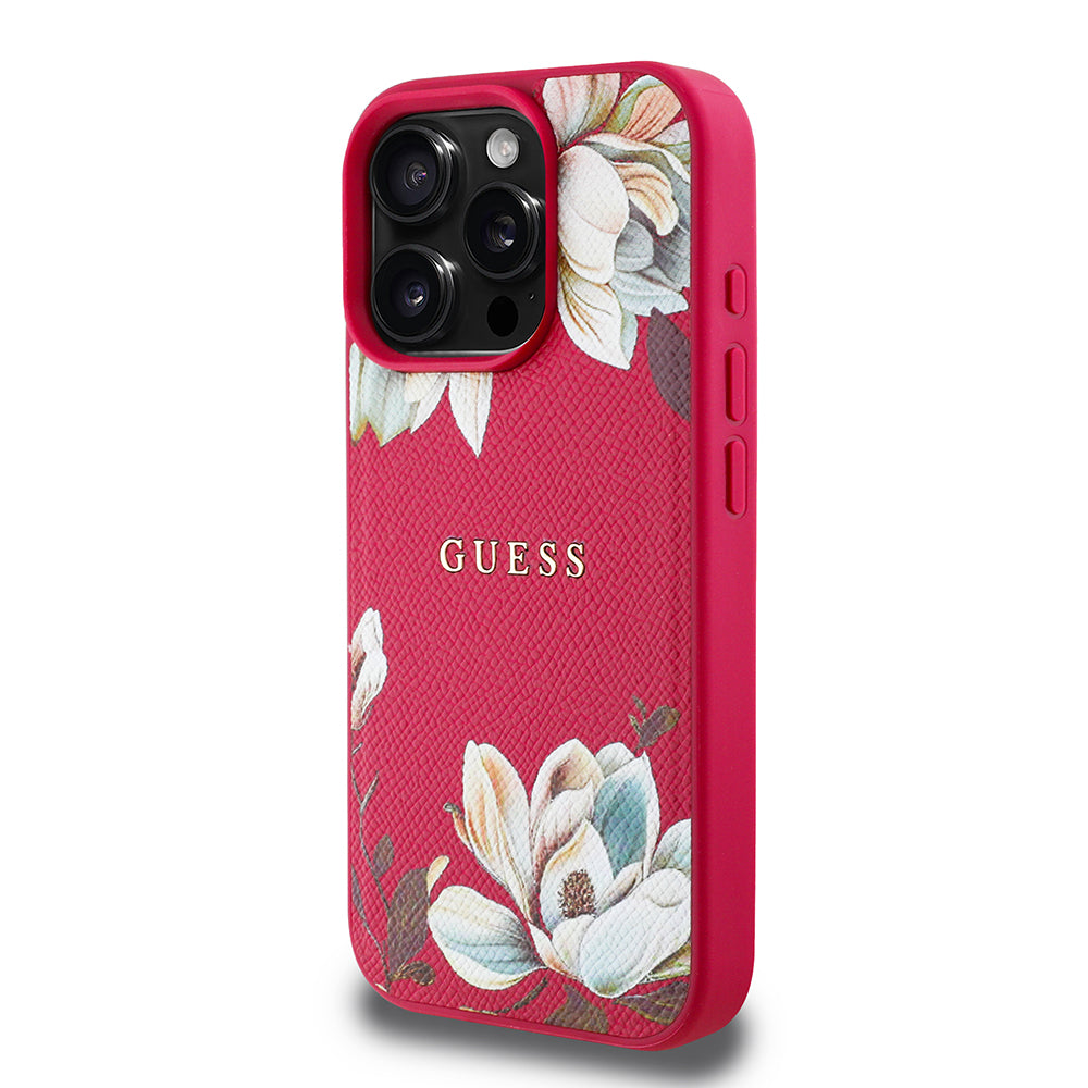 Guess iPhone 16 Pro Max Orjinal Lisanslı Magsafe Şarj Özellikli Taneli Çiçek Tasarımlı Metal Yazı Logolu Kılıf