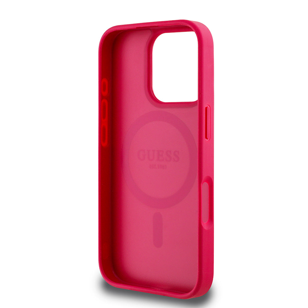 Guess iPhone 16 Pro Max Orjinal Lisanslı Magsafe Şarj Özellikli Taneli Çiçek Tasarımlı Metal Yazı Logolu Kılıf