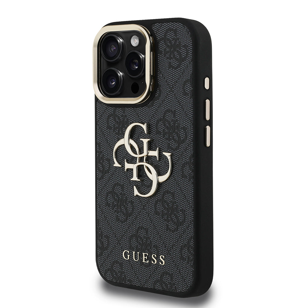 Guess iPhone 16 Pro Max Orjinal Lisanslı PU Deri 4G Desenli Metal Büyük 4G ve Yazı Logolu Kamera Standlı Kılıf