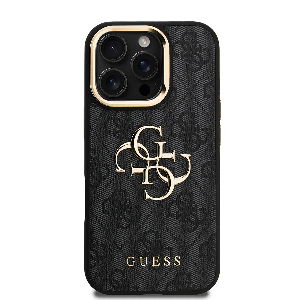 Guess iPhone 16 Pro Max Orjinal Lisanslı PU Deri 4G Desenli Metal Büyük 4G ve Yazı Logolu Kamera Standlı Kılıf
