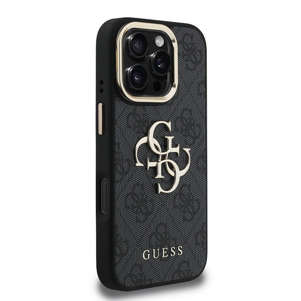 Guess iPhone 16 Pro Max Orjinal Lisanslı PU Deri 4G Desenli Metal Büyük 4G ve Yazı Logolu Kamera Standlı Kılıf