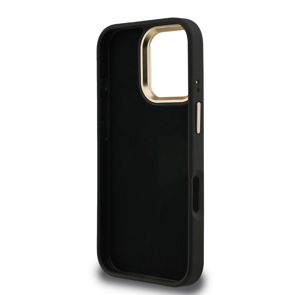 Guess iPhone 16 Pro Max Orjinal Lisanslı PU Deri 4G Desenli Metal Büyük 4G ve Yazı Logolu Kamera Standlı Kılıf