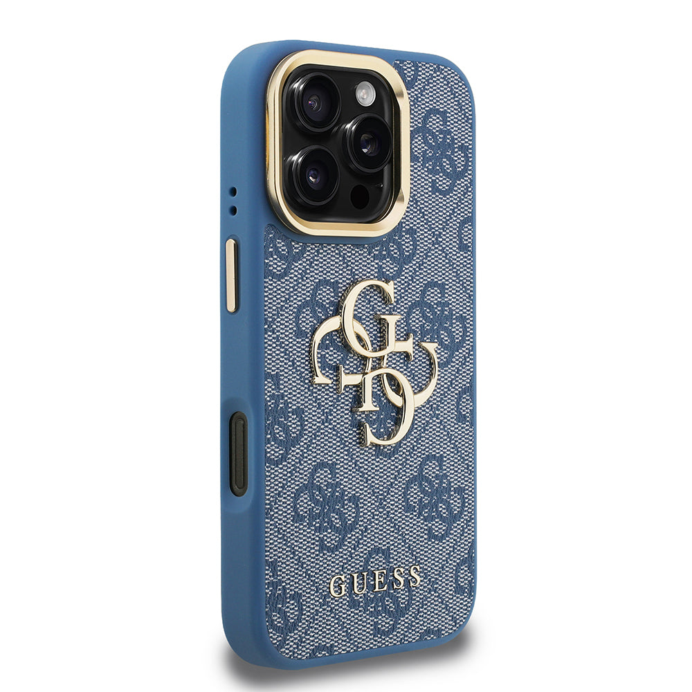 Guess iPhone 16 Pro Max Orjinal Lisanslı PU Deri 4G Desenli Metal Büyük 4G ve Yazı Logolu Kamera Standlı Kılıf