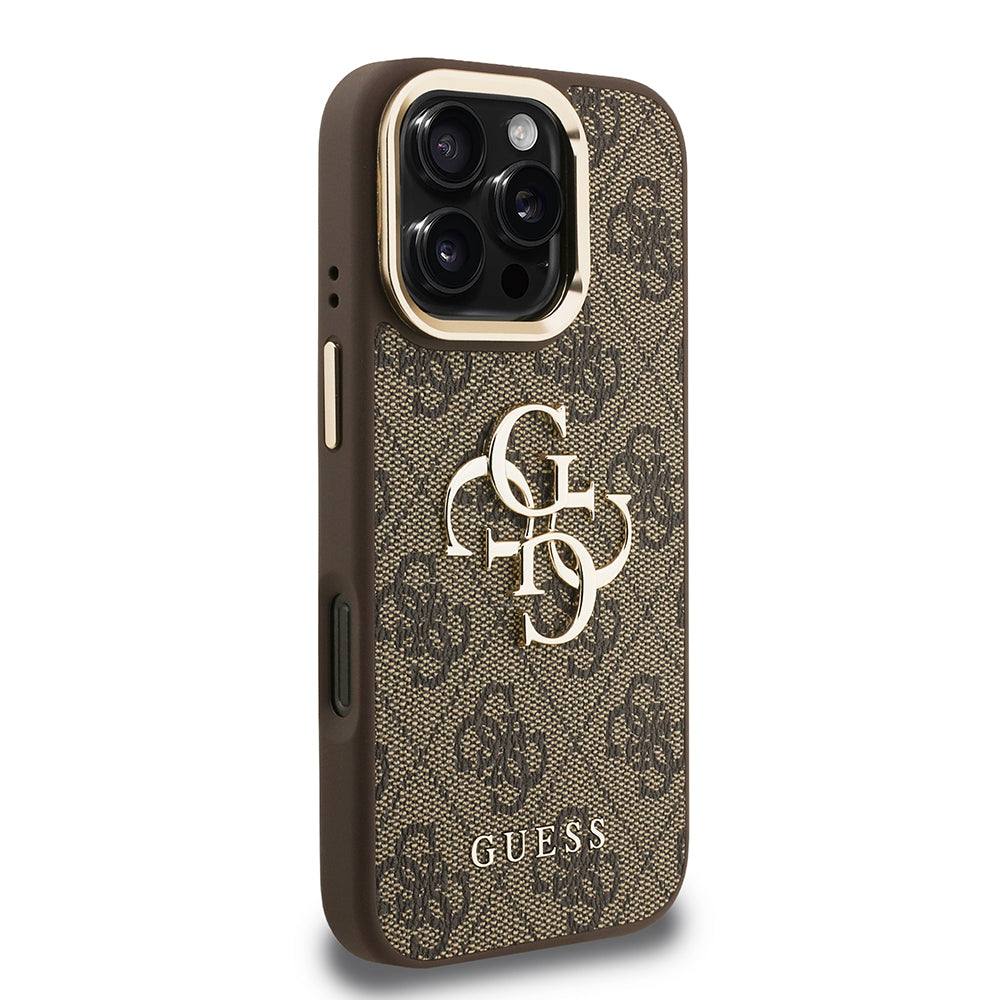 Guess iPhone 16 Pro Max Orjinal Lisanslı PU Deri 4G Desenli Metal Büyük 4G ve Yazı Logolu Kamera Standlı Kılıf