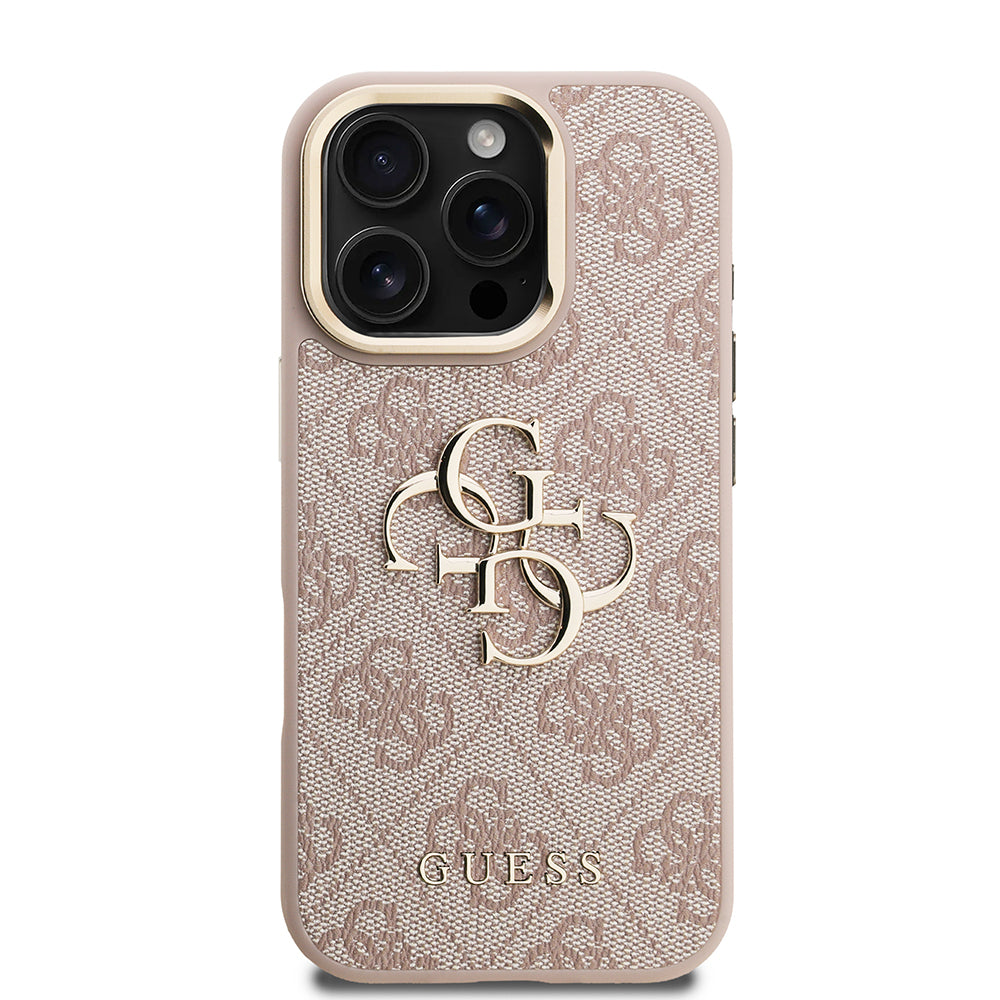 Guess iPhone 16 Pro Max Orjinal Lisanslı PU Deri 4G Desenli Metal Büyük 4G ve Yazı Logolu Kamera Standlı Kılıf