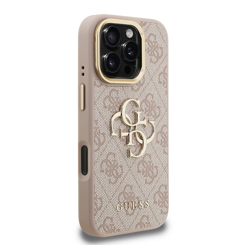 Guess iPhone 16 Pro Max Orjinal Lisanslı PU Deri 4G Desenli Metal Büyük 4G ve Yazı Logolu Kamera Standlı Kılıf