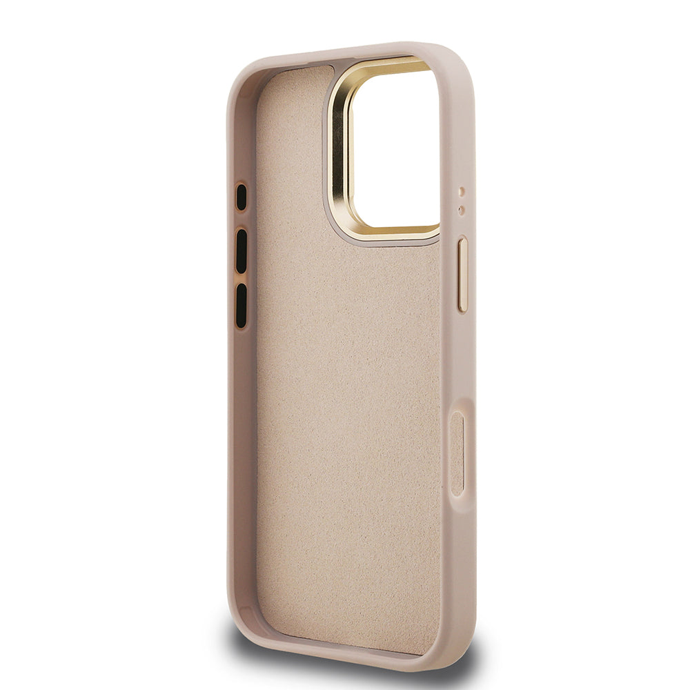 Guess iPhone 16 Pro Max Orjinal Lisanslı PU Deri 4G Desenli Metal Büyük 4G ve Yazı Logolu Kamera Standlı Kılıf
