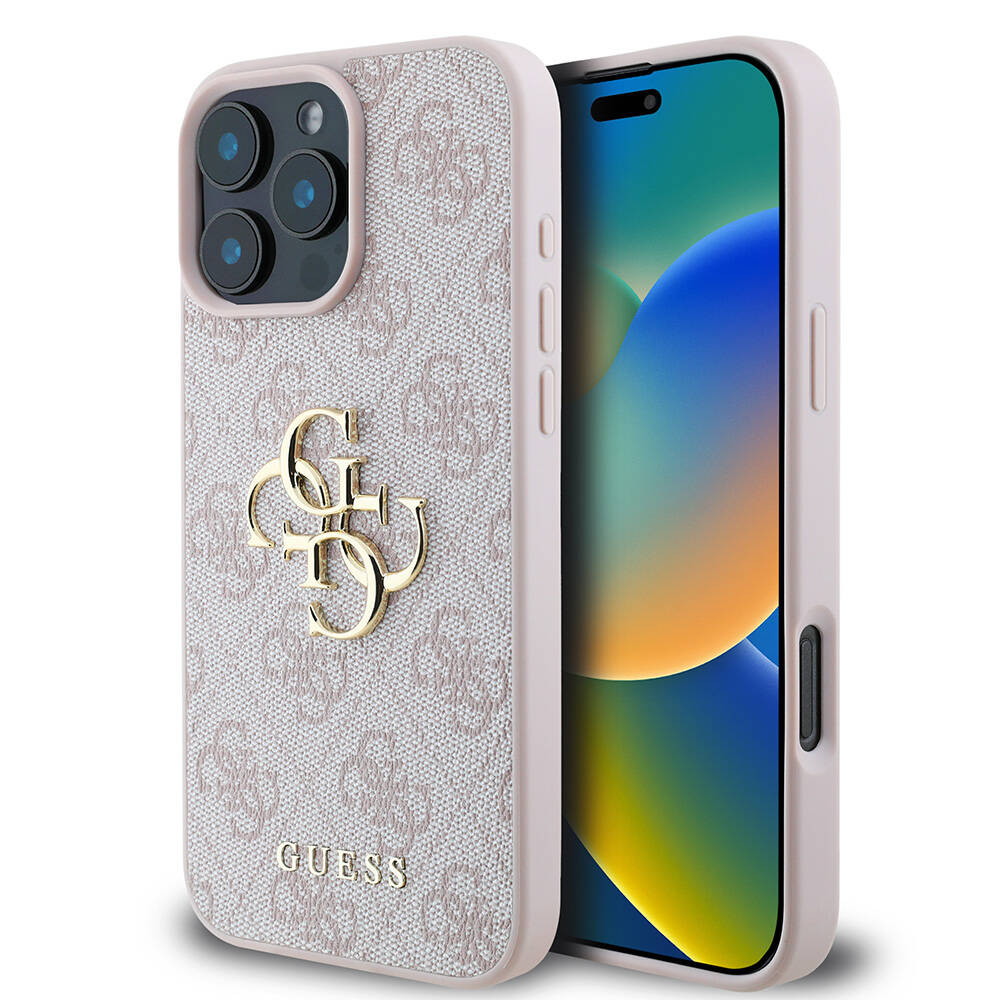 Guess iPhone 16 Pro Max Orjinal Lisanslı PU Deri 4G Desenli Metal Büyük 4G ve Yazı Logolu Telefon Kılıfı - 16