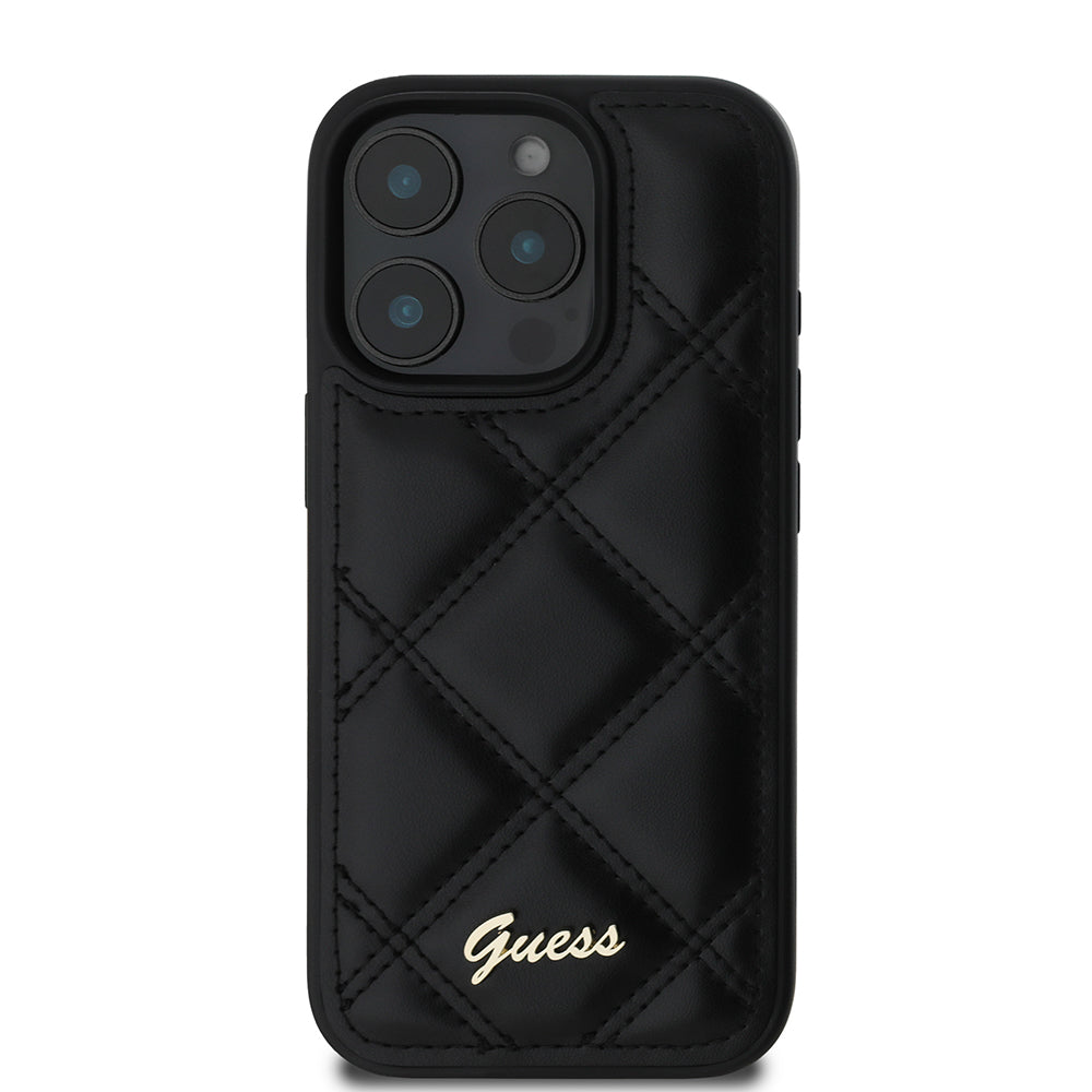 Guess iPhone 16 Pro Max Orjinal Lisanslı PU Deri Metal Yazı Logolu Kapitone Kılıf