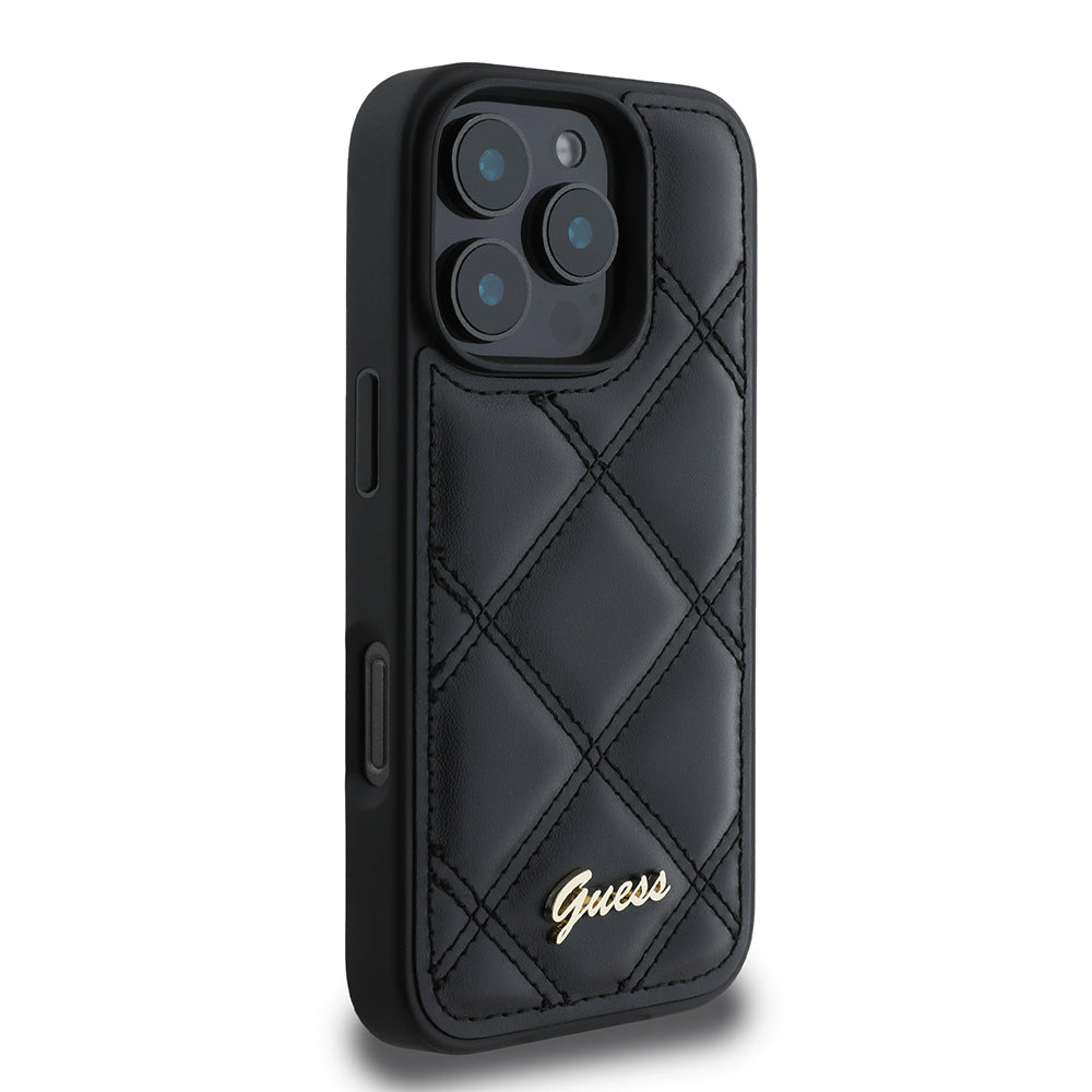 Guess iPhone 16 Pro Max Orjinal Lisanslı PU Deri Metal Yazı Logolu Kapitone Kılıf