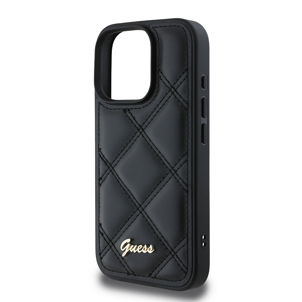 Guess iPhone 16 Pro Max Orjinal Lisanslı PU Deri Metal Yazı Logolu Kapitone Kılıf