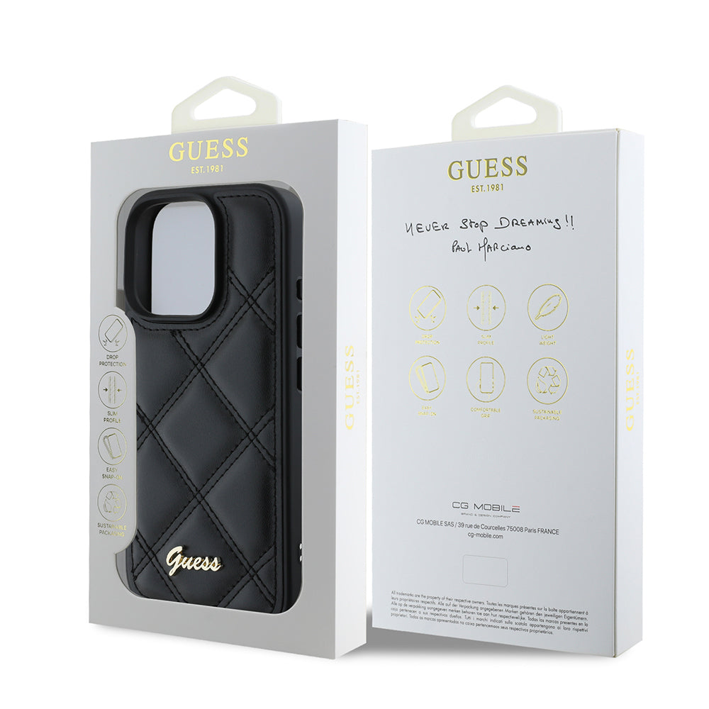 Guess iPhone 16 Pro Max Orjinal Lisanslı PU Deri Metal Yazı Logolu Kapitone Kılıf
