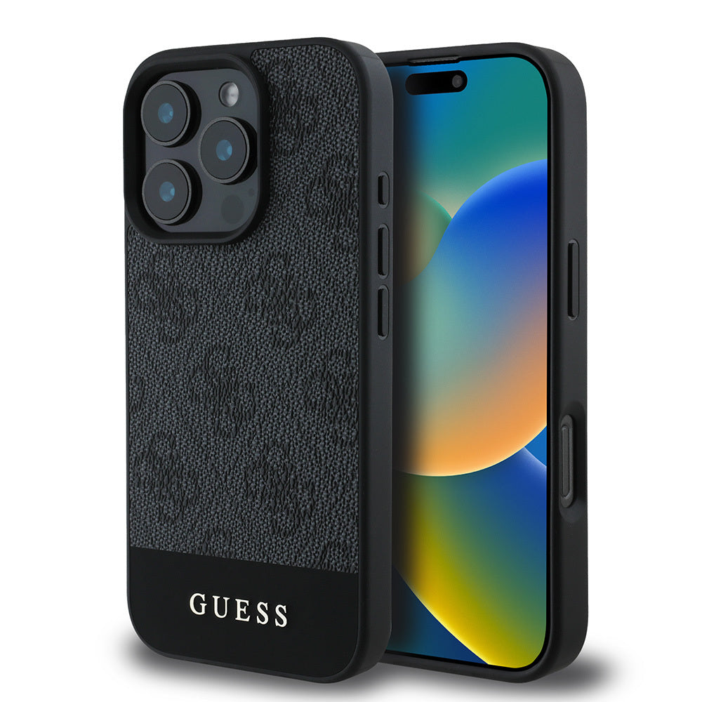 Guess iPhone 16 Pro Max Orjinal Lisanslı PU Deri Şerit Logo Dizaynlı Telefon Kılıfı