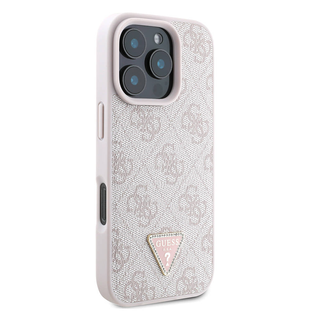 Guess iPhone 16 Pro Max Orjinal Lisanslı PU Deri Taşlı Metal Üçgen Logolu Çapraz Vücut Askılı 4G Desenli Telefon Kılıfı - 13
