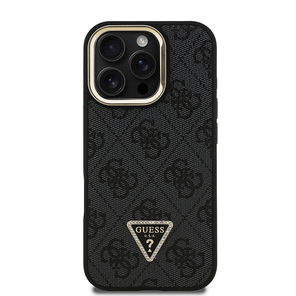 Guess iPhone 16 Pro Max Orjinal Lisanslı PU Deri Taşlı Üçgen Logo 4G Desenli Kamera Standlı Kılıf
