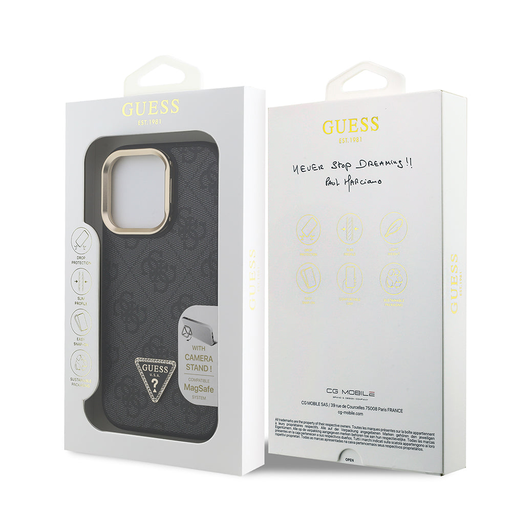 Guess iPhone 16 Pro Max Orjinal Lisanslı PU Deri Taşlı Üçgen Logo 4G Desenli Kamera Standlı Kılıf