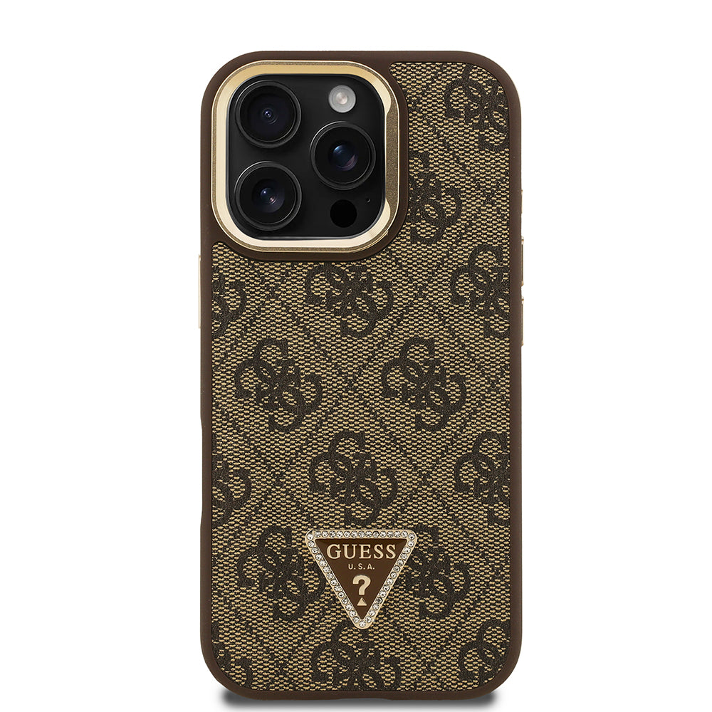 Guess iPhone 16 Pro Max Orjinal Lisanslı PU Deri Taşlı Üçgen Logo 4G Desenli Kamera Standlı Kılıf